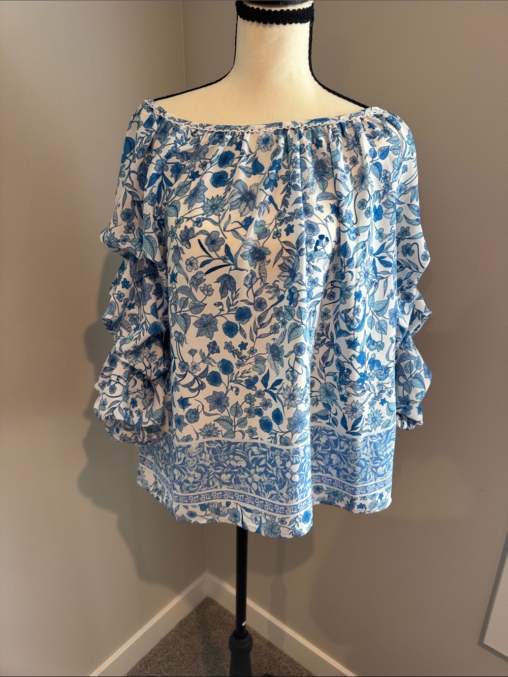 CeCe White and Blue Floral Off-Shoulder Ruffle Blouse